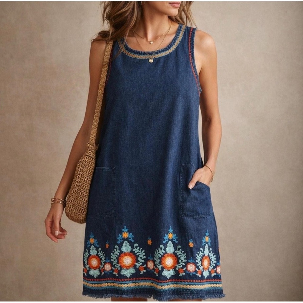 J. Jill Denim Embroidered Floral Shift Dress Sleeveless Blue Cotton Pockets XS